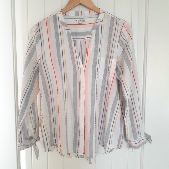 J. Crew Mercantile Tie-Sleeve Striped Collarless Button Up Shirt White Size M - Picture 1 of 10